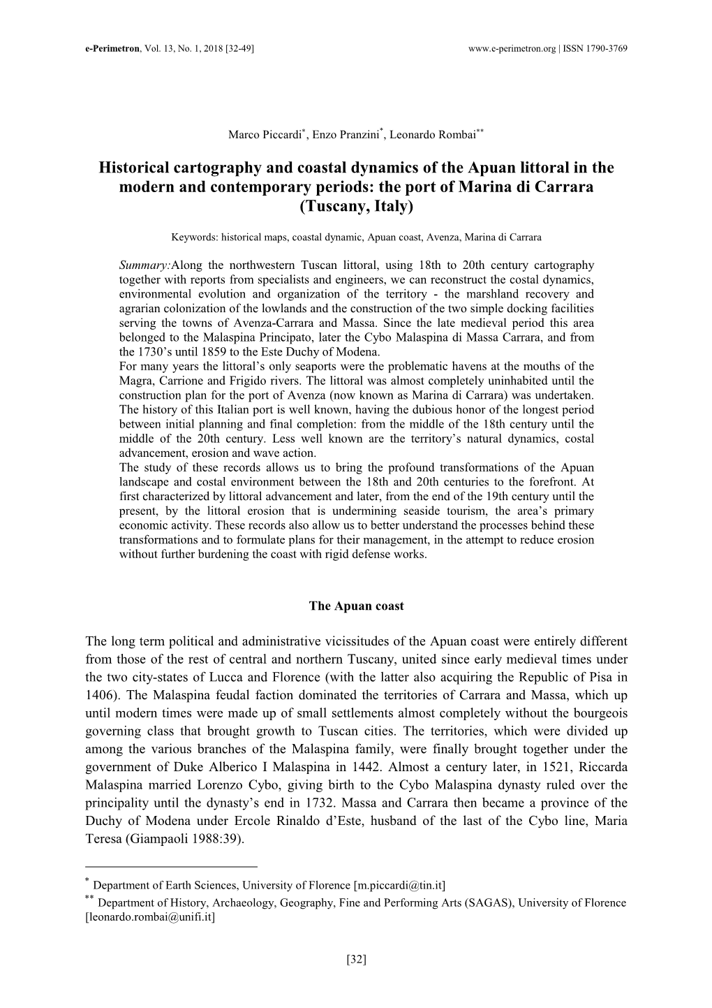 Historical Cartography and Coastal Dynamics of the Apuan Littoral in the Modern and Contemporary Periods: the Port of Marina Di Carrara (Tuscany, Italy)