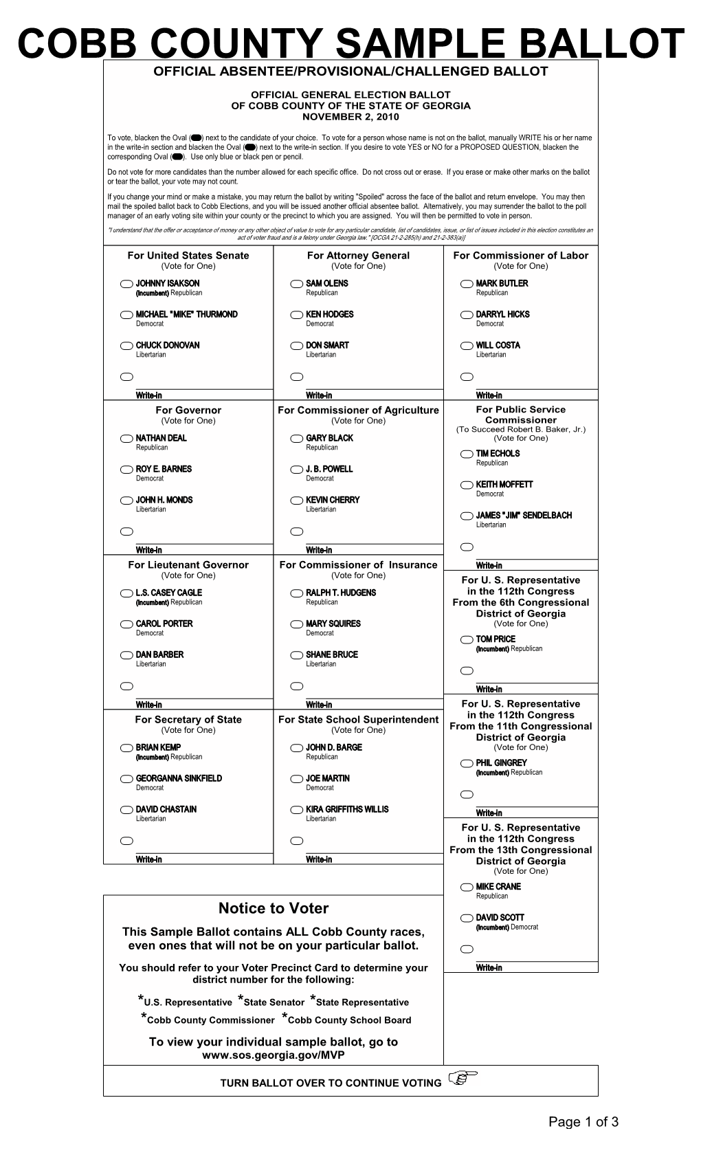 Cobb County Sample Ballot Official Absentee/Provisional/Challenged Ballot