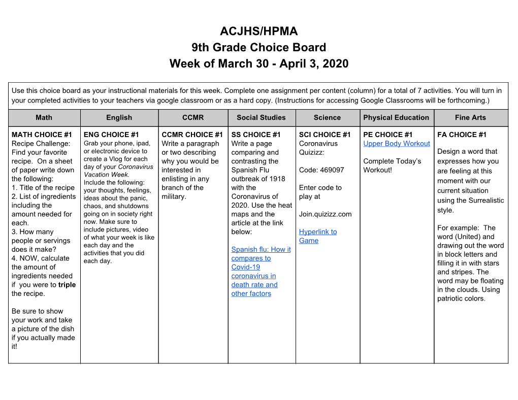 ACJHS/HPMA 9Th Grade Choice Board Week of March 30 - April 3, 2020