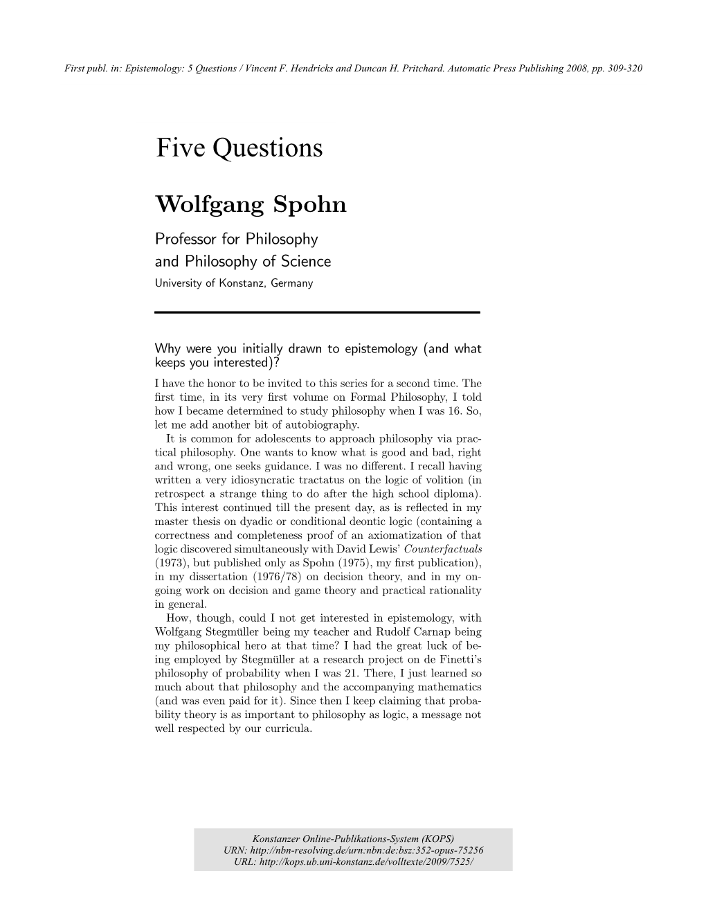 Five Questions : Wolfgang Spohn
