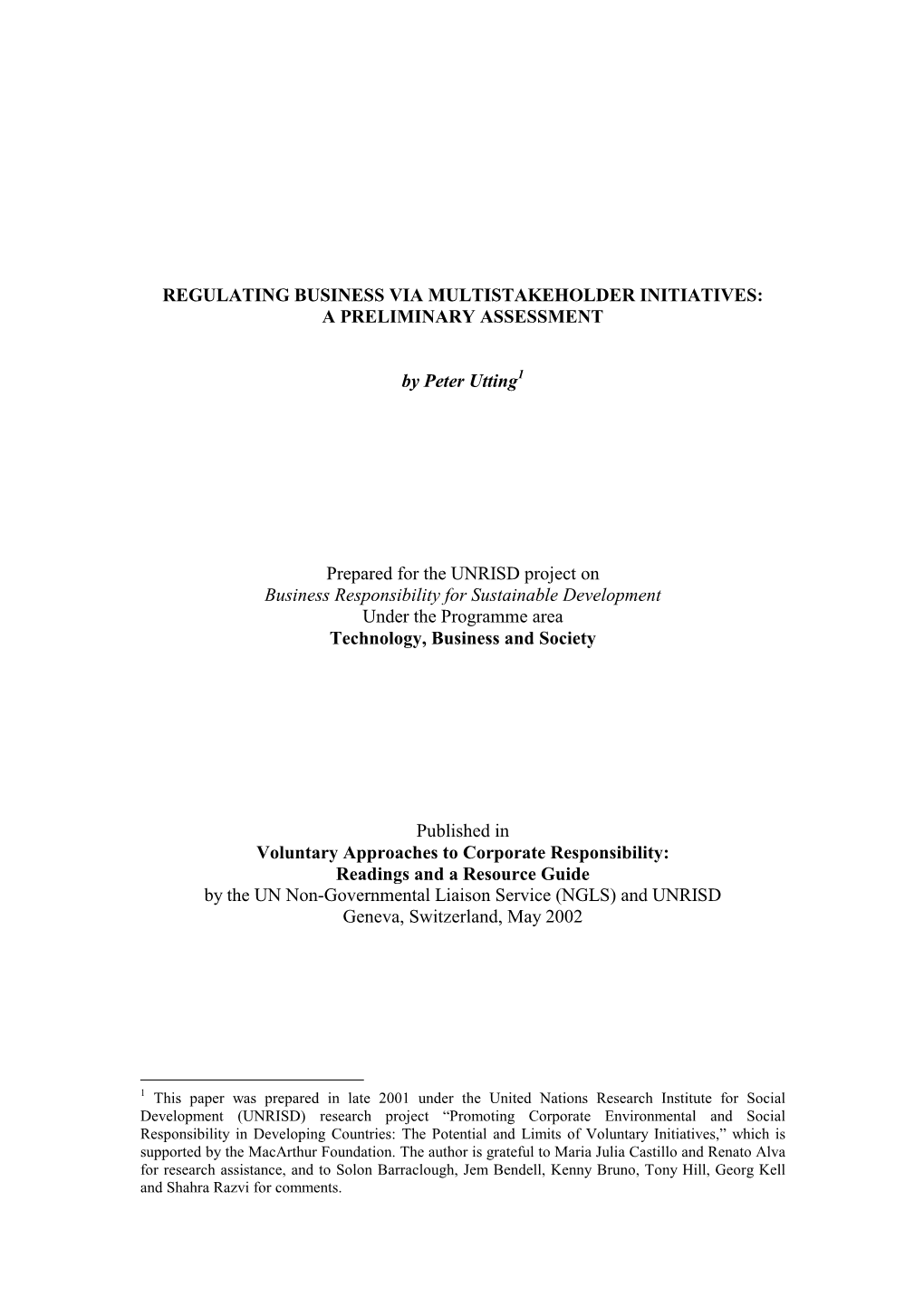 Regulating Business Via Multistakeholder Initiatives: a Preliminary Assessment