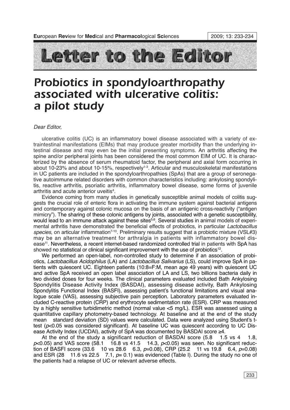 Probiotics in Spondyloarthropathy Associated with Ulcerative Colitis: a Pilot Study