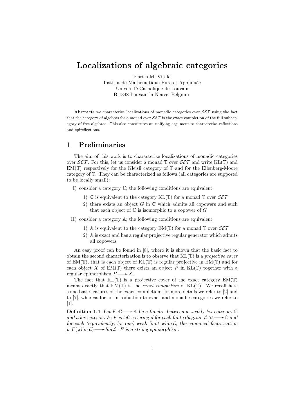 Localizations of Algebraic Categories Enrico M