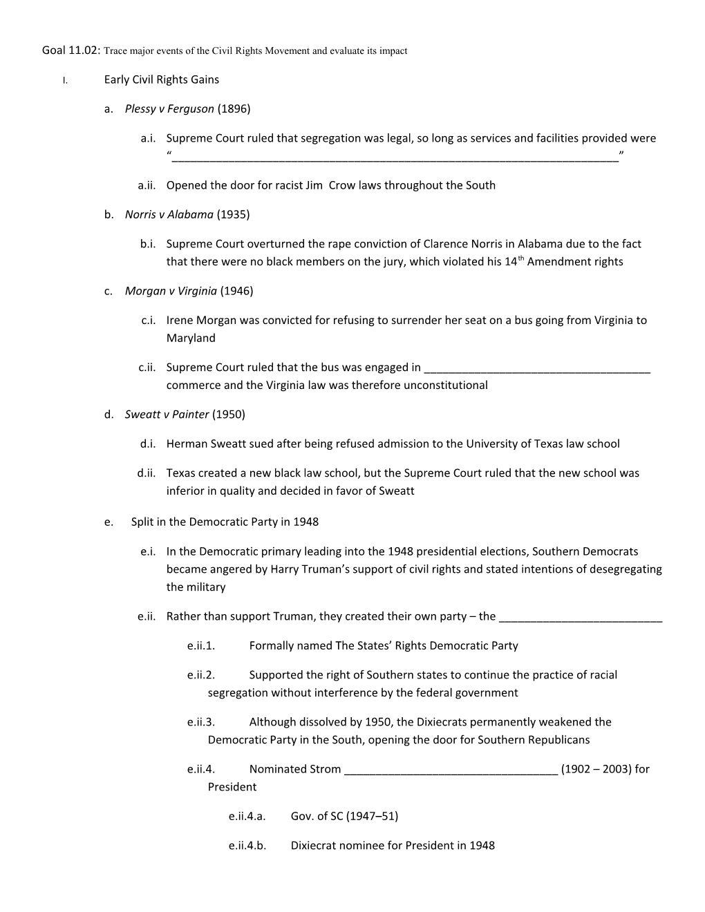 Goal 11.02: Trace Major Events of the Civil Rights Movement and Evaluate Its Impact