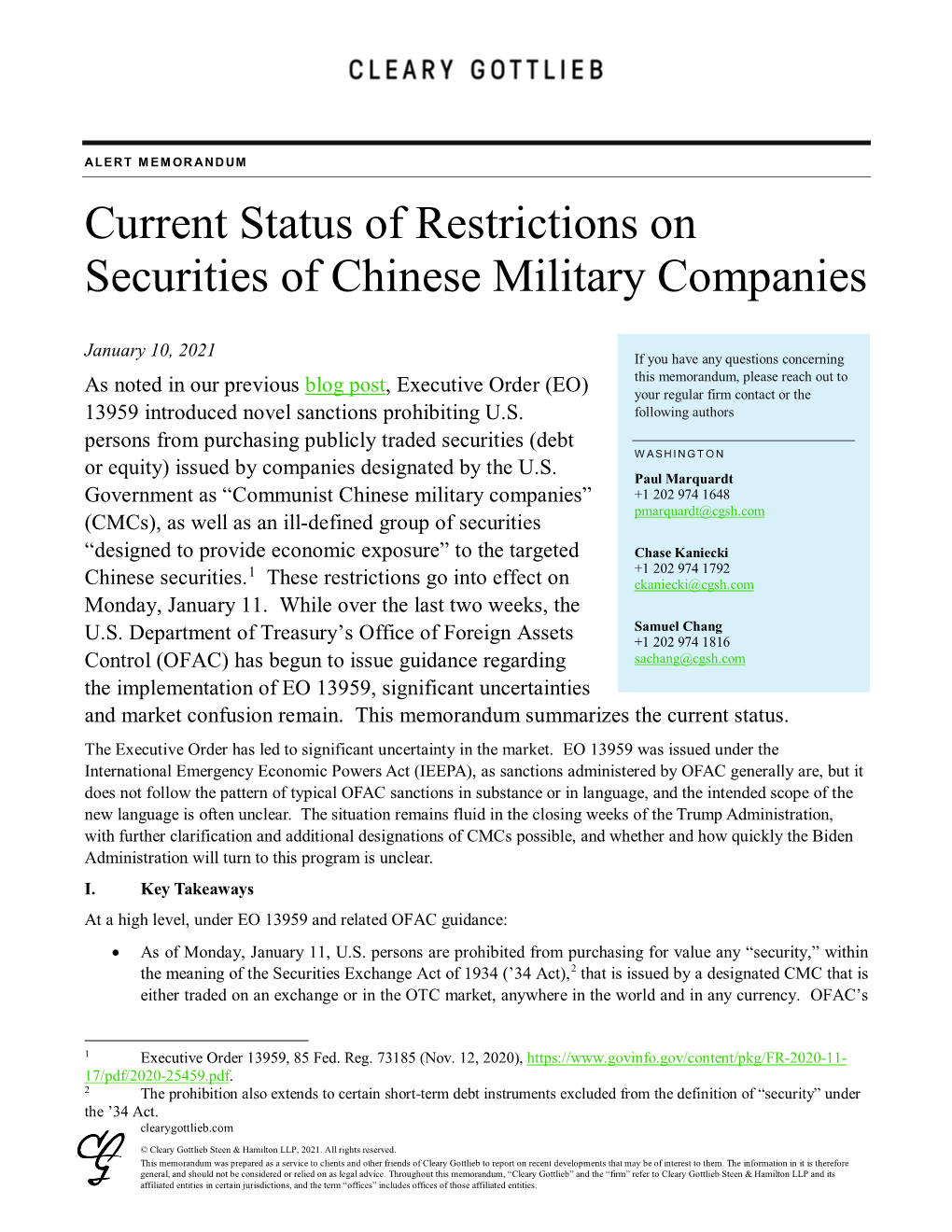 Current Status of Restrictions on Securities of Chinese Military Companies