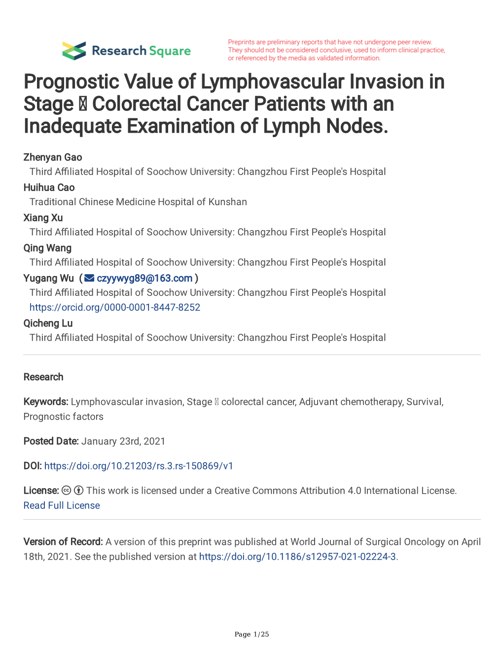 Prognostic Value of Lymphovascular Invasion in Stage Colorectal