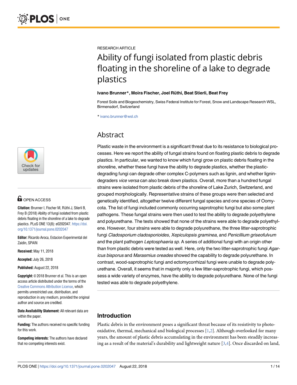 Ability of Fungi Isolated from Plastic Debris Floating in the Shoreline of a Lake to Degrade Plastics