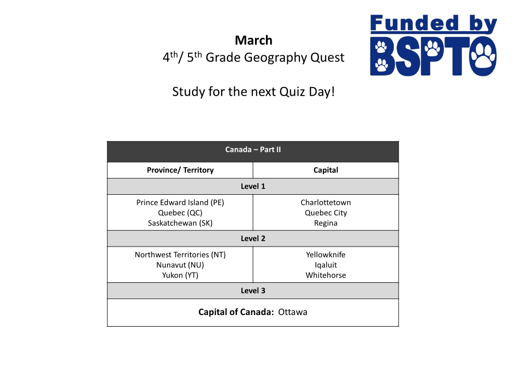 March 4Th/ 5Th Grade Geography Quest Study for the Next