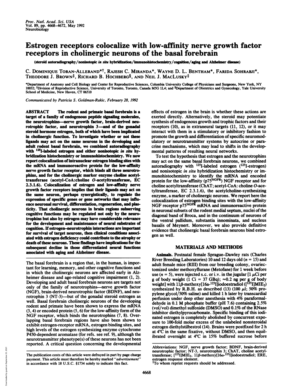 Estrogen Receptors Colocalize with Low-Affinity Nerve Growth Factor Receptors in Cholinergic Neurons of the Basal Forebrain