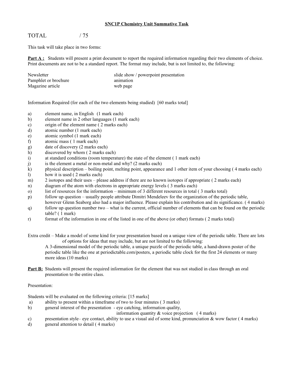 SNC1D Chemistry Unit Summative Task