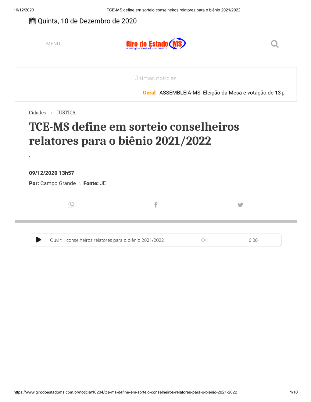 TCE-MS Define Em Sorteio Conselheiros Relatores Para O Biênio 2021/2022  Quinta, 10 De Dezembro De 2020