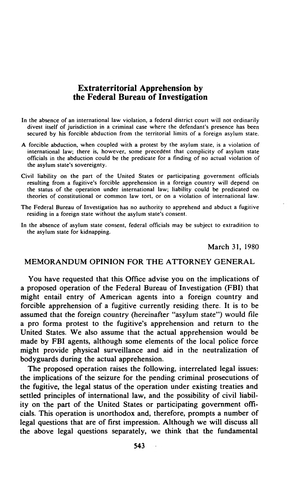 Extraterritorial Apprehension by the Federal Bureau of Investigation
