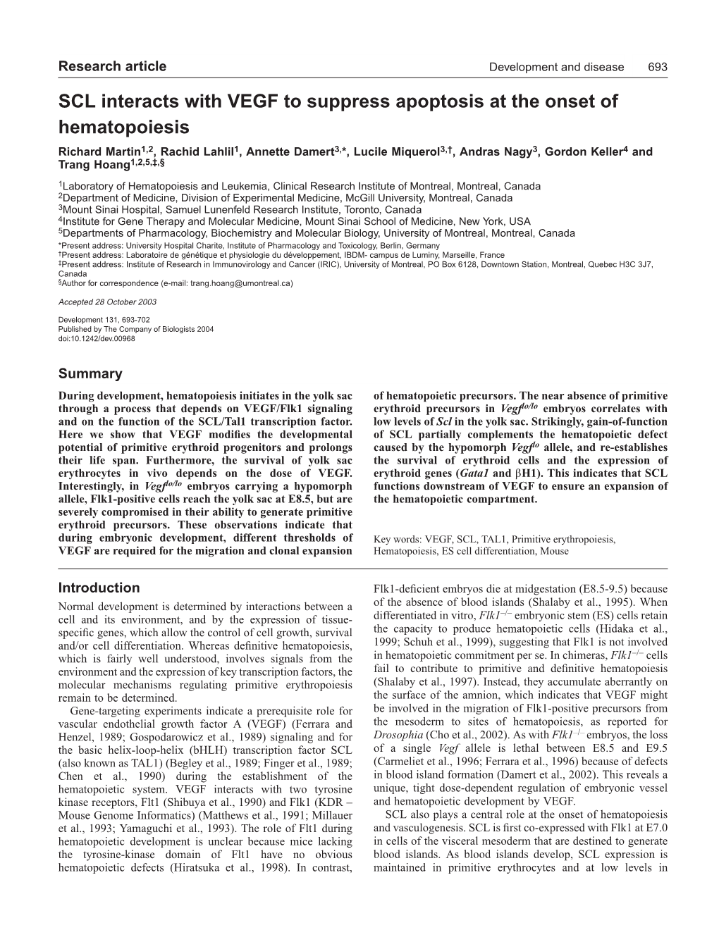 SCL Interacts with VEGF to Suppress Apoptosis at the Onset Of