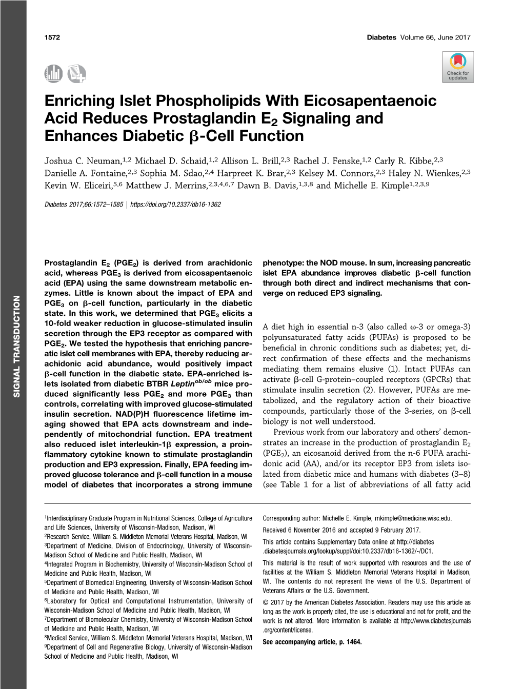 Enriching Islet Phospholipids with Eicosapentaenoic Acid Reduces Prostaglandin E2 Signaling and Enhances Diabetic B-Cell Function