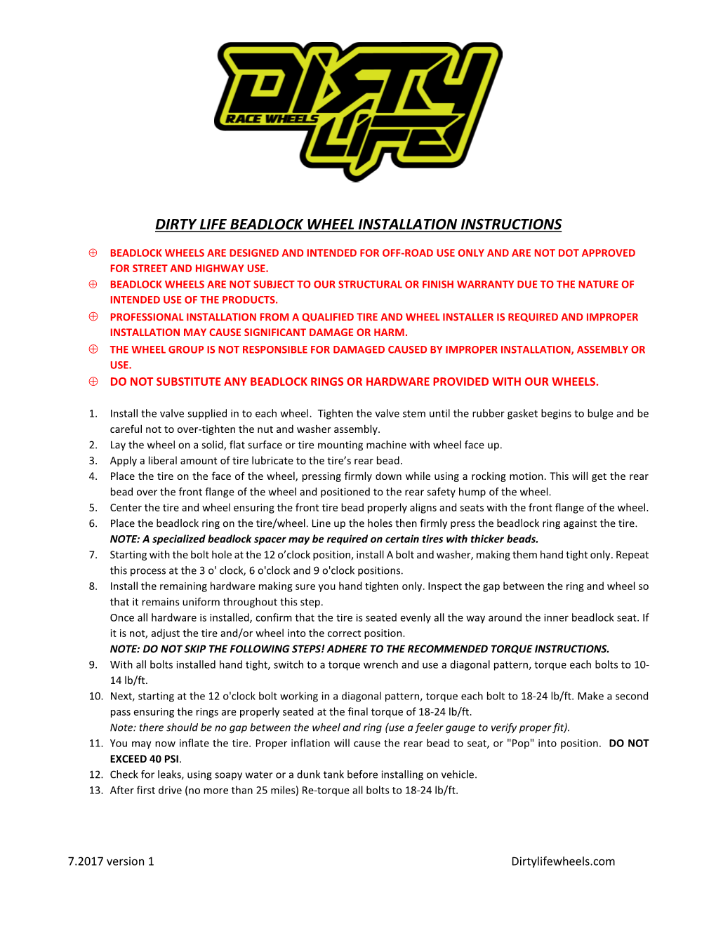 Dirty Life Beadlock Wheel Installation Instructions