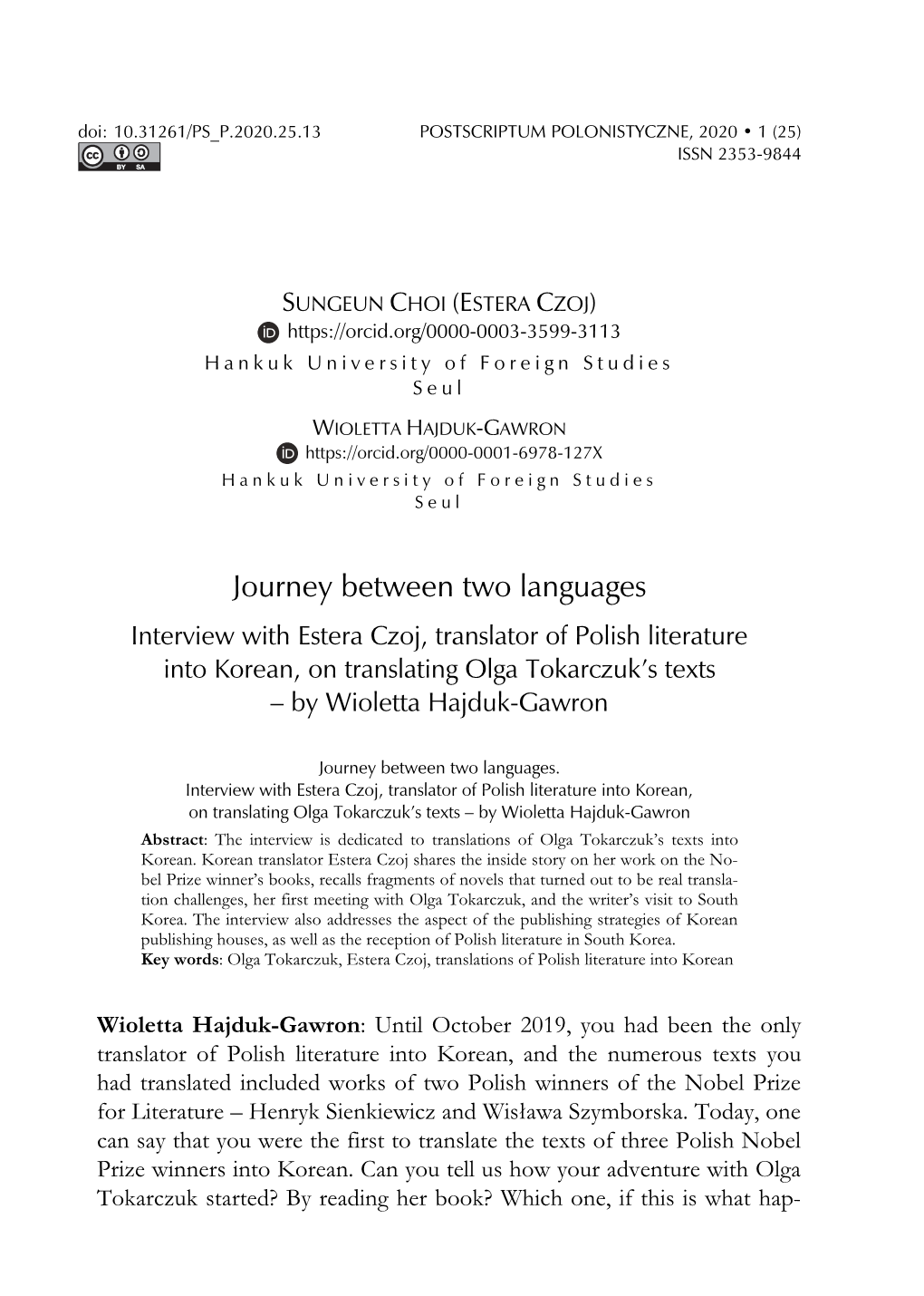 Journey Between Two Languages… 177 Doi: 10.31261/PS P.2020.25.13 POSTSCRIPTUM POLONISTYCZNE, 2020 • 1 (25) ISSN 2353-9844