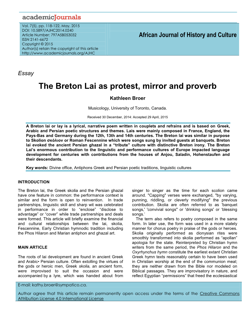The Breton Lai As Protest, Mirror and Proverb