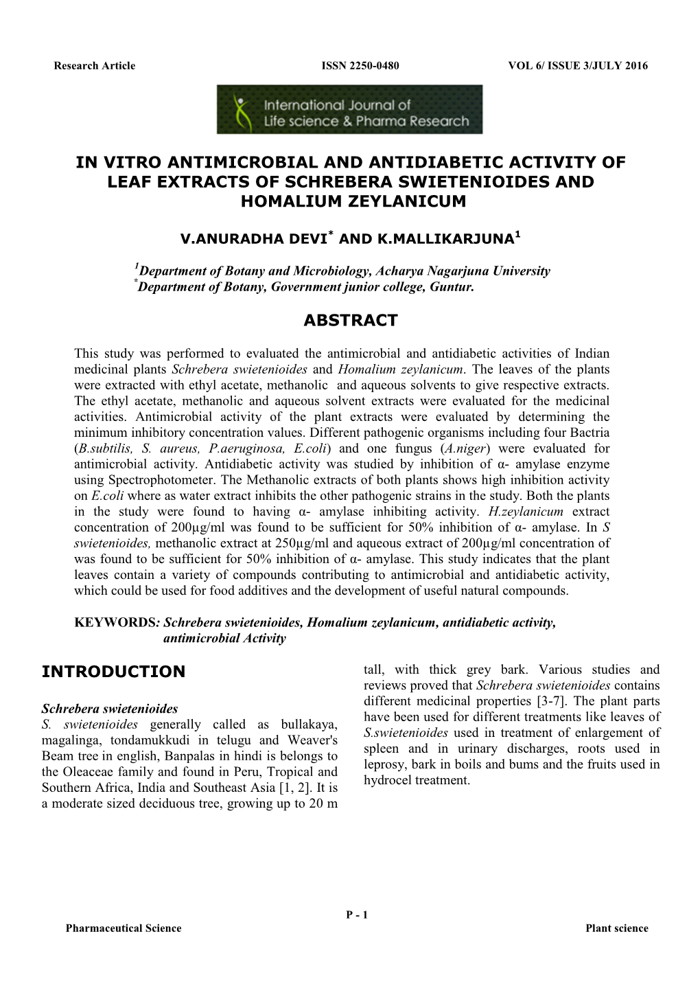 In Vitro Antimicrobial and Antidiabetic Activity of Leaf Extracts of Schrebera Swietenioides and Homalium Zeylanicum