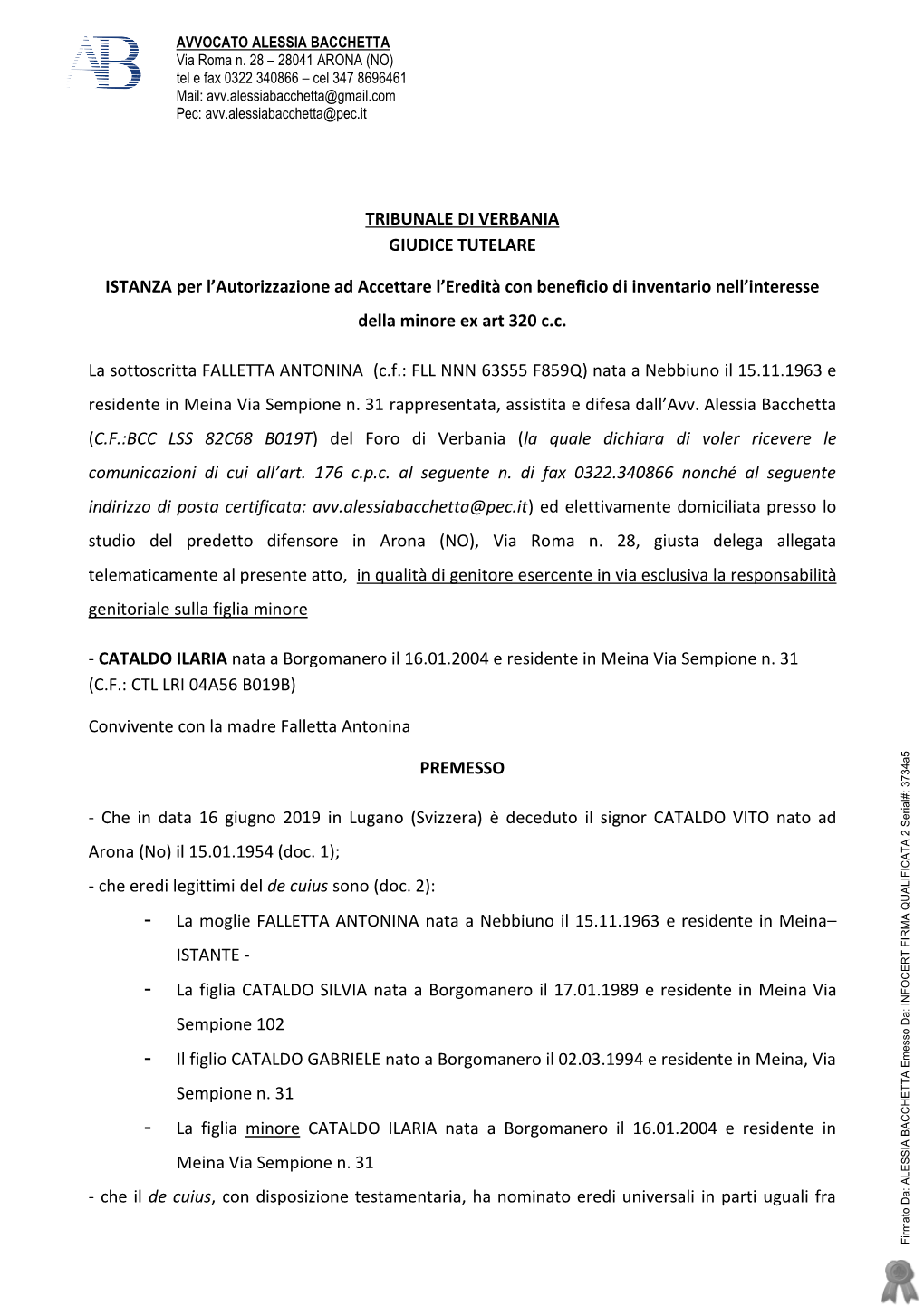 TRIBUNALE DI VERBANIA GIUDICE TUTELARE ISTANZA Per L'autorizzazione Ad Accettare L'eredità Con Beneficio Di Inventario Nell