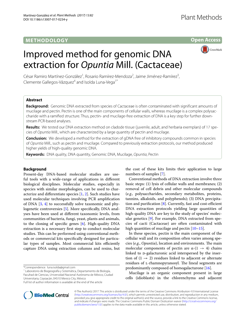 Improved Method for Genomic DNA Extraction for Opuntia Mill. (Cactaceae)