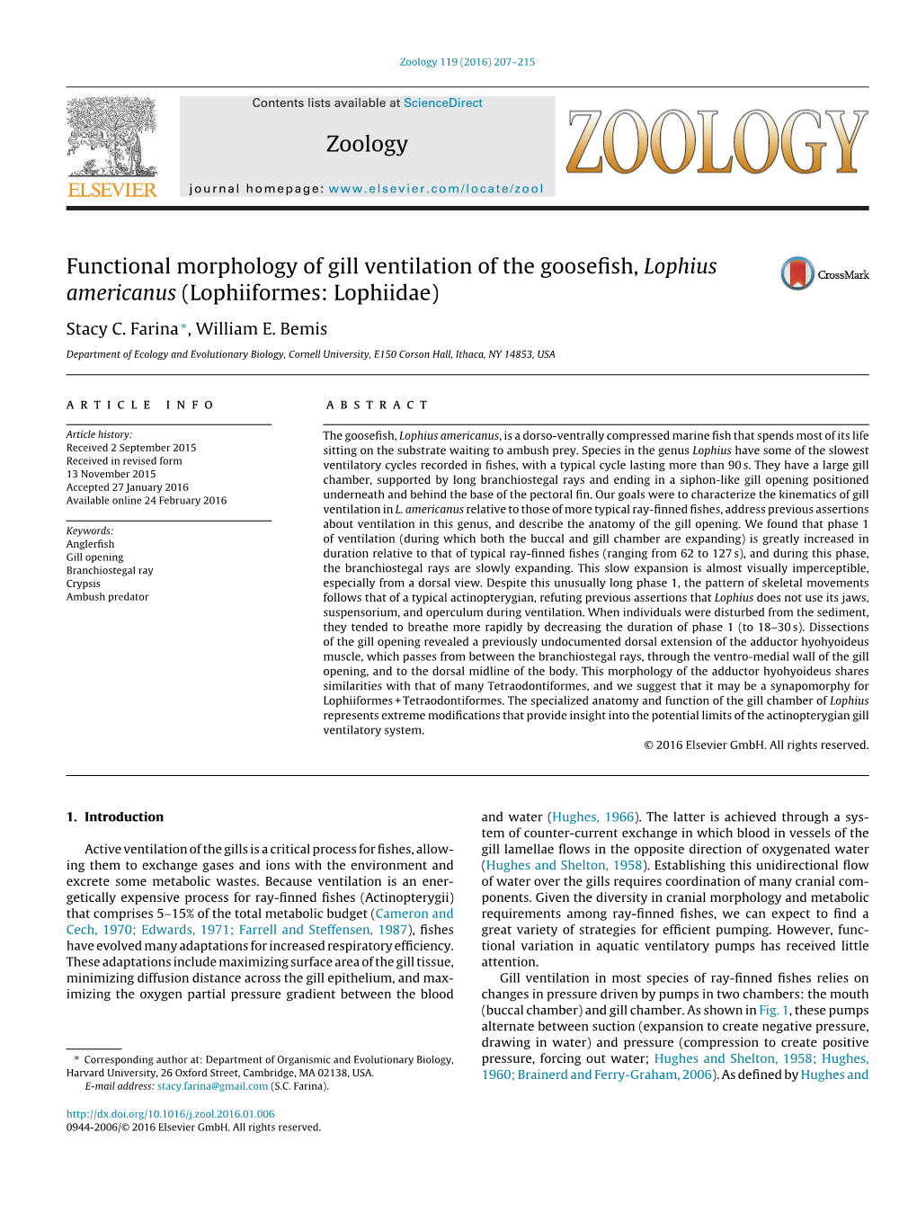 Functional Morphology of Gill Ventilation of the Goosefish, Lophius