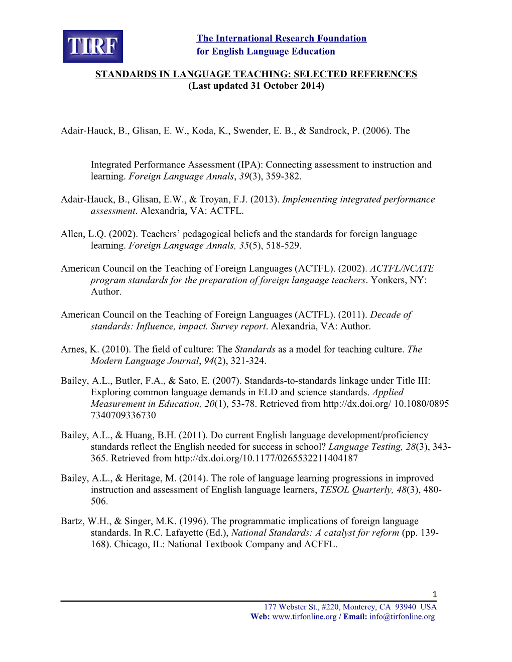 Standards in Language Teaching: Selected References