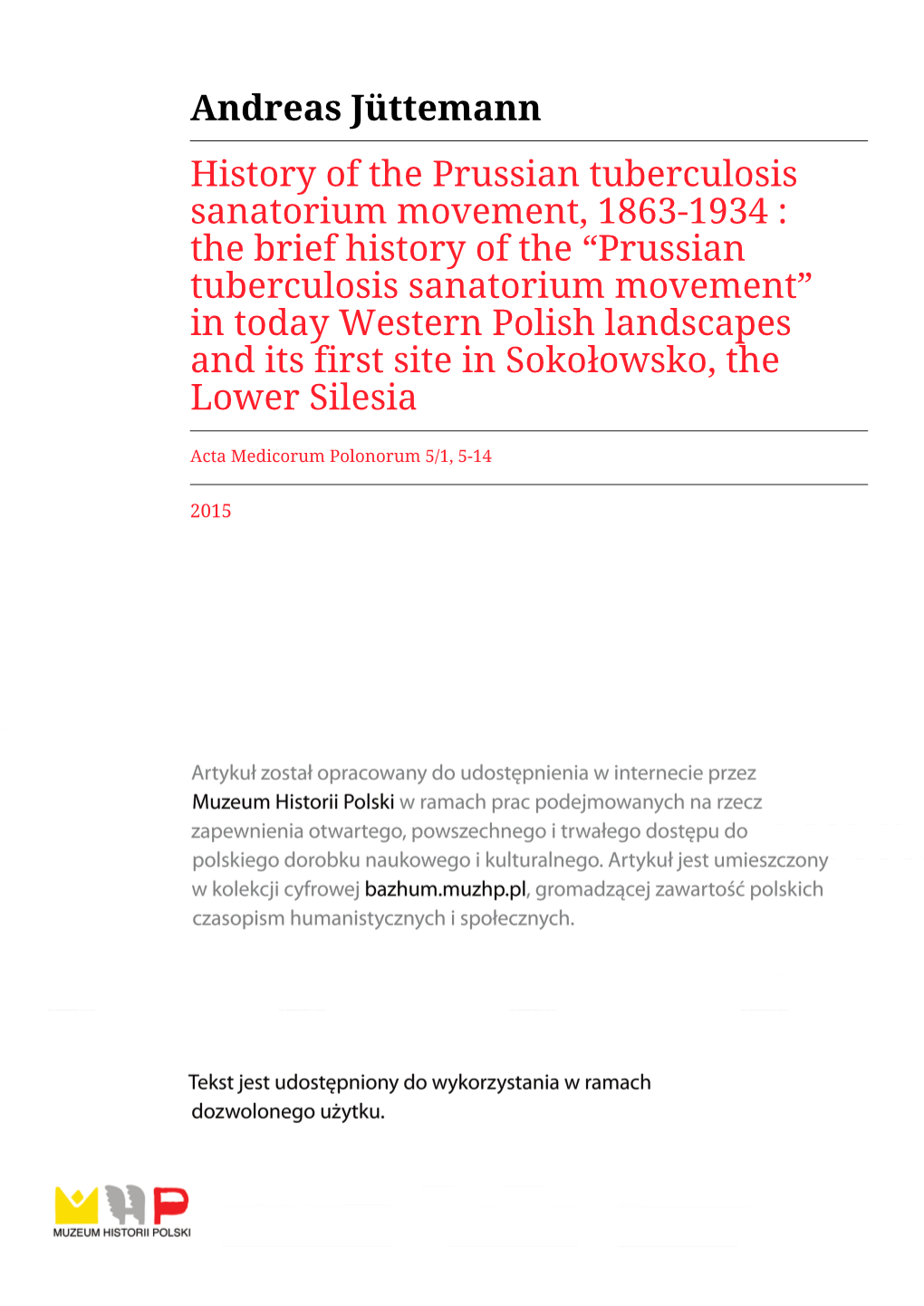 Andreas Jüttemann History of the Prussian Tuberculosis Sanatorium Movement, 1863-1934