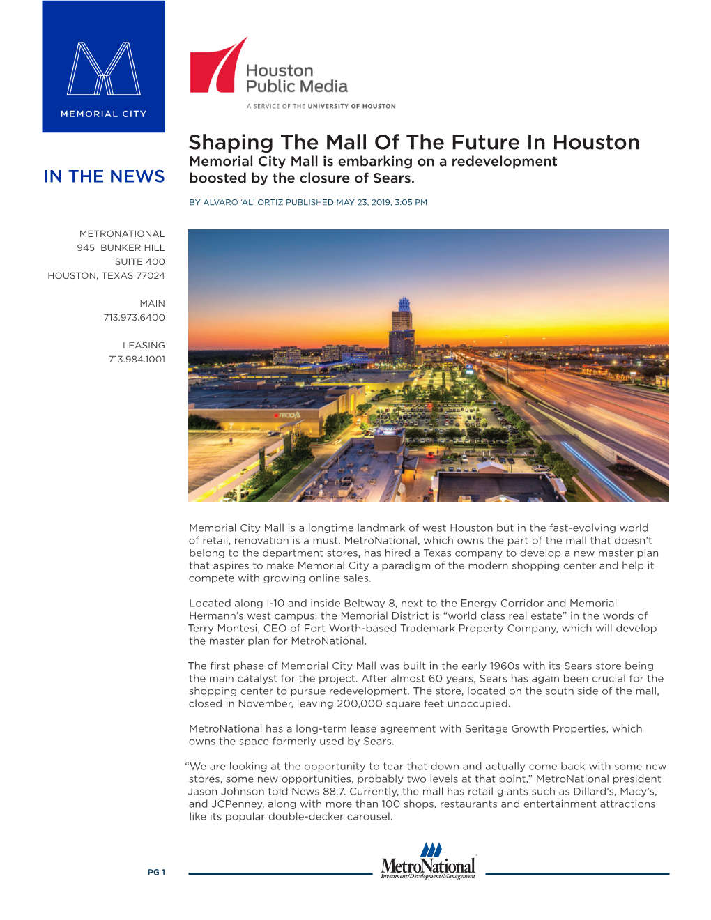 Shaping the Mall of the Future in Houston Memorial City Mall Is Embarking on a Redevelopment in the NEWS Boosted by the Closure of Sears