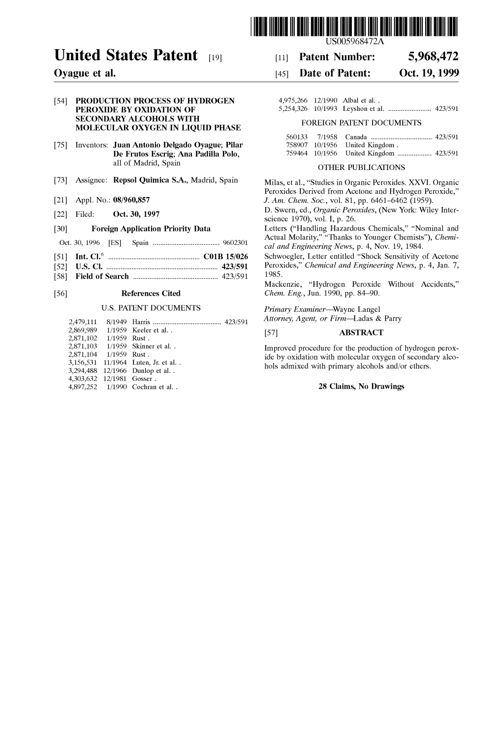 United States Patent (19) 11 Patent Number: 5,968,472 Oyague Et Al