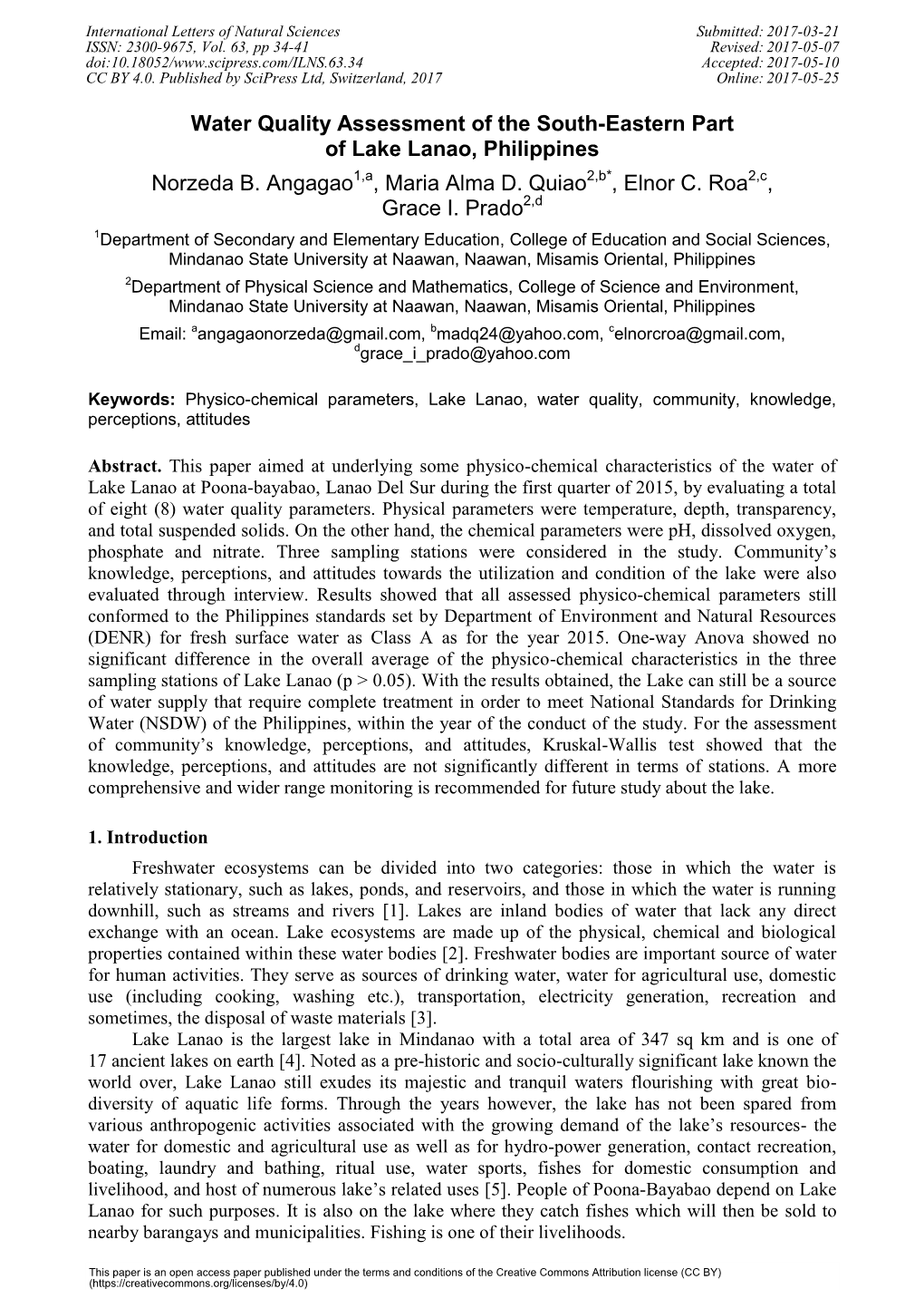 Water Quality Assessment of the South-Eastern Part of Lake Lanao, Philippines Norzeda B