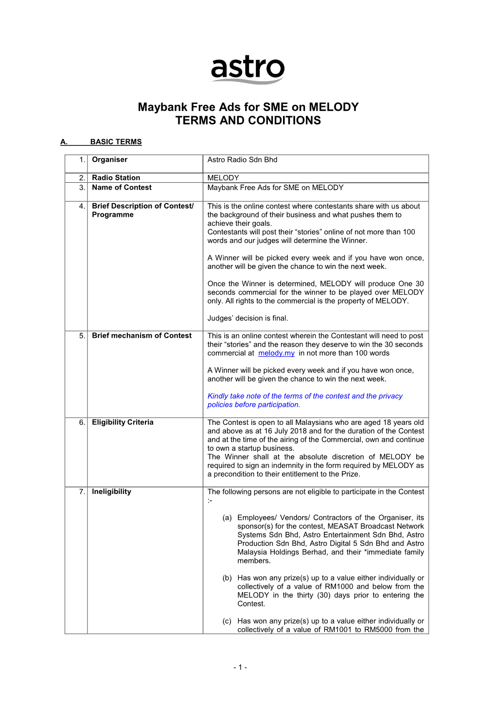 Maybank Free Ads for SME on MELODY TERMS and CONDITIONS