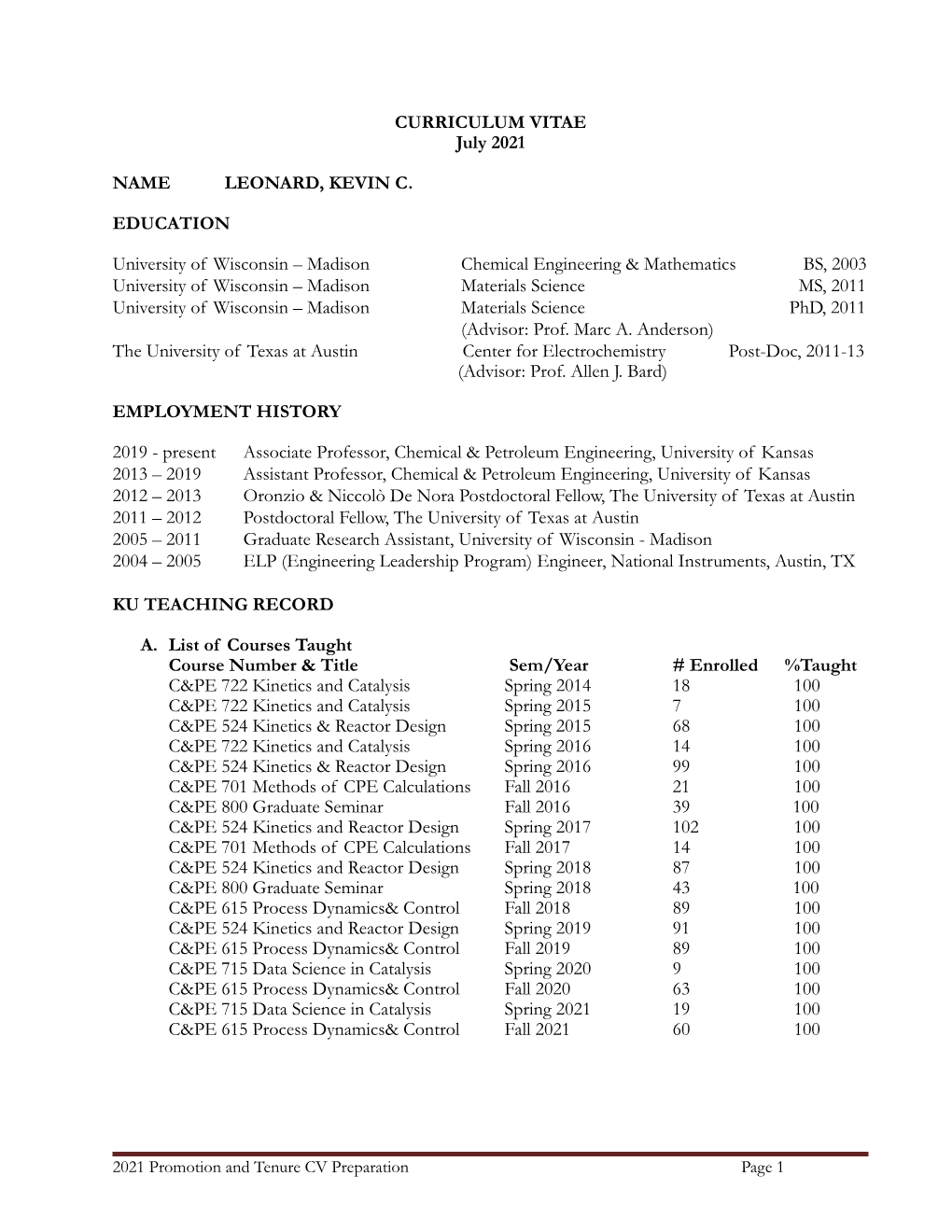 Kevin C. Leonard's CV