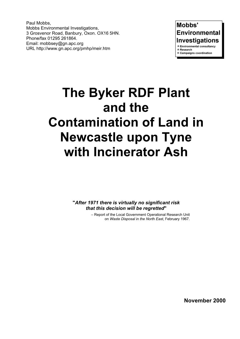 The Byker RDF Plant and the Contamination of Land in Newcastle Upon Tyne with Incinerator Ash