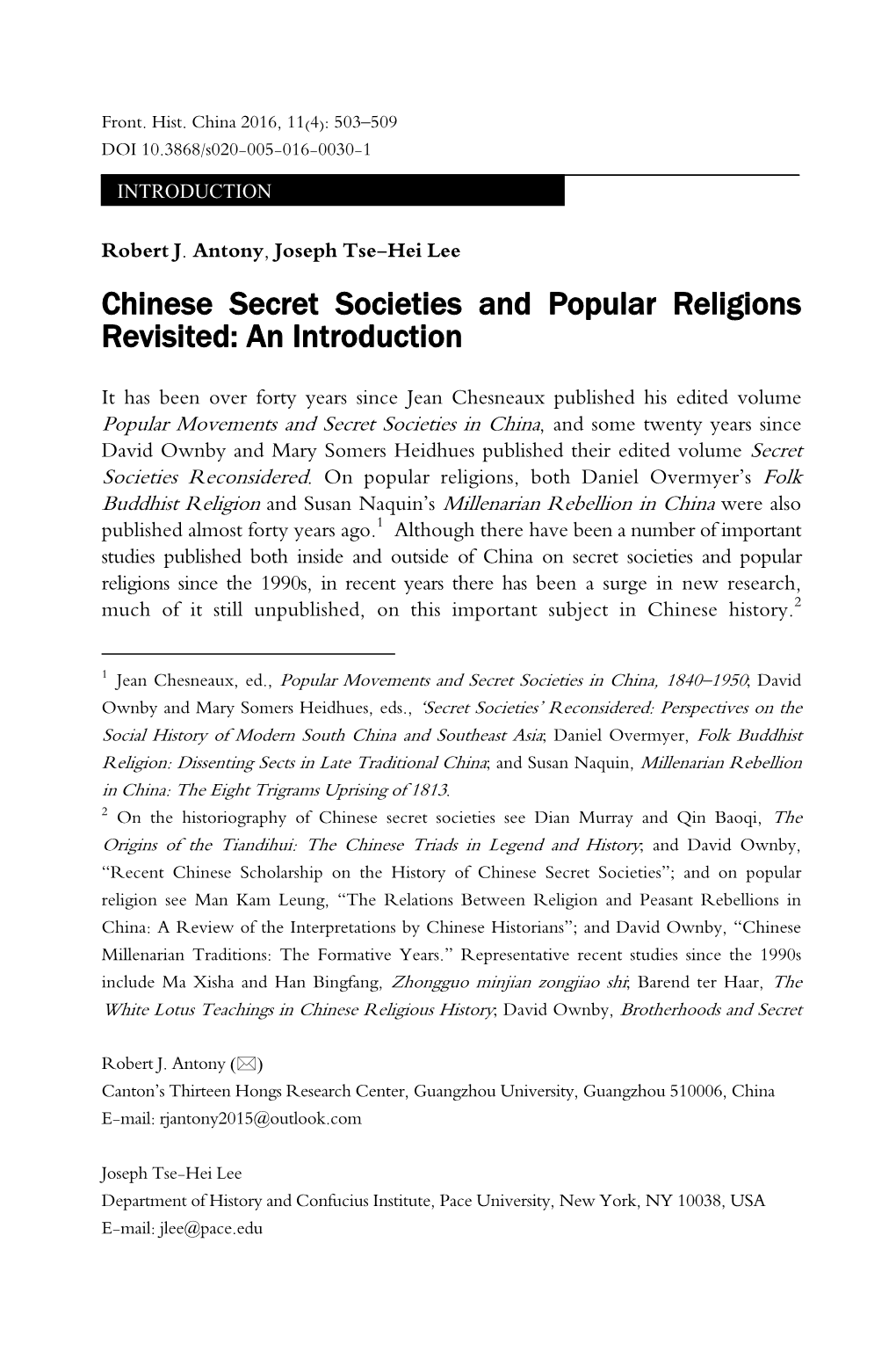 Chinese Secret Societies and Popular Religions Revisited: an Introduction