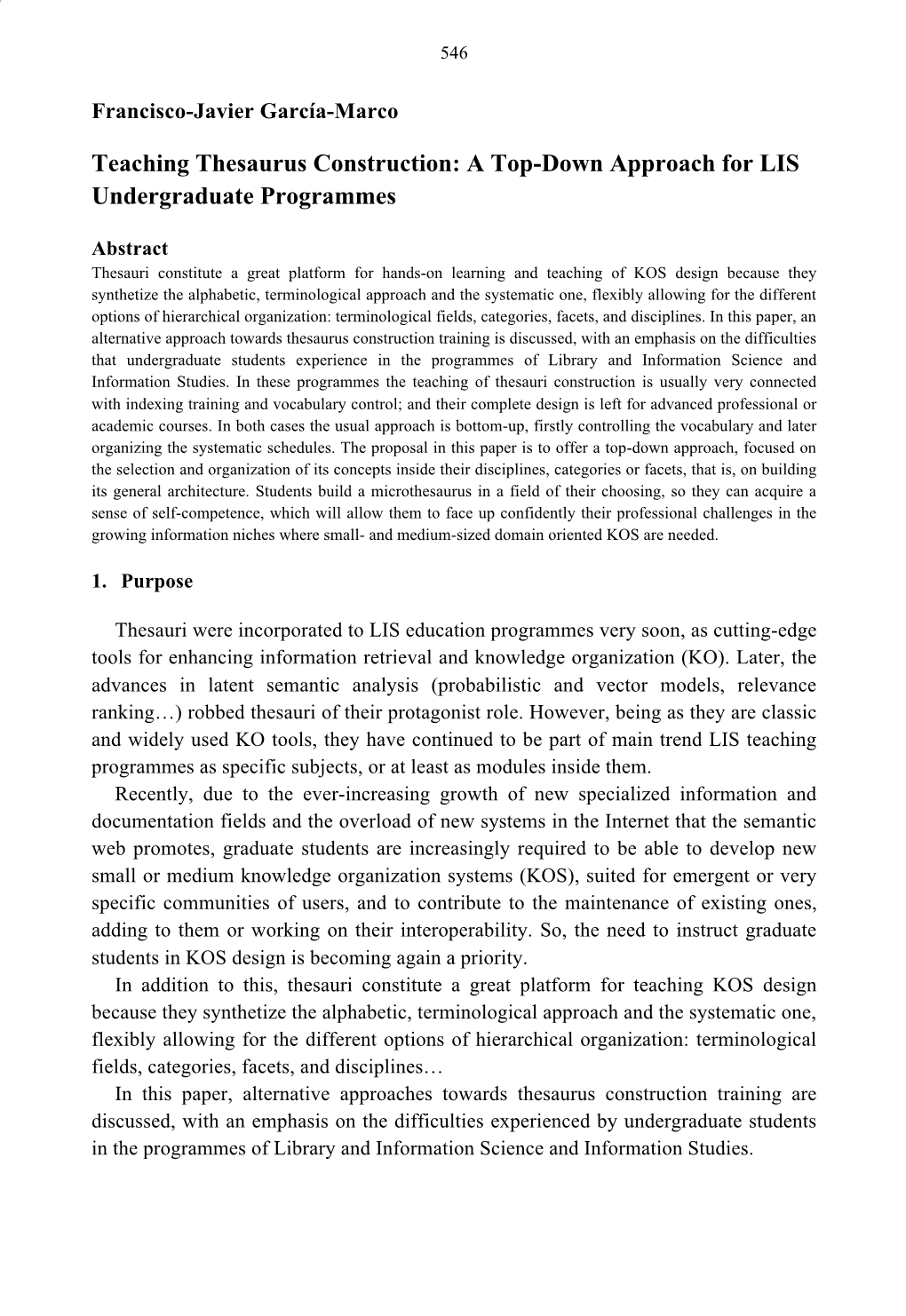 Teaching Thesaurus Construction: a Top-Down Approach for LIS Undergraduate Programmes