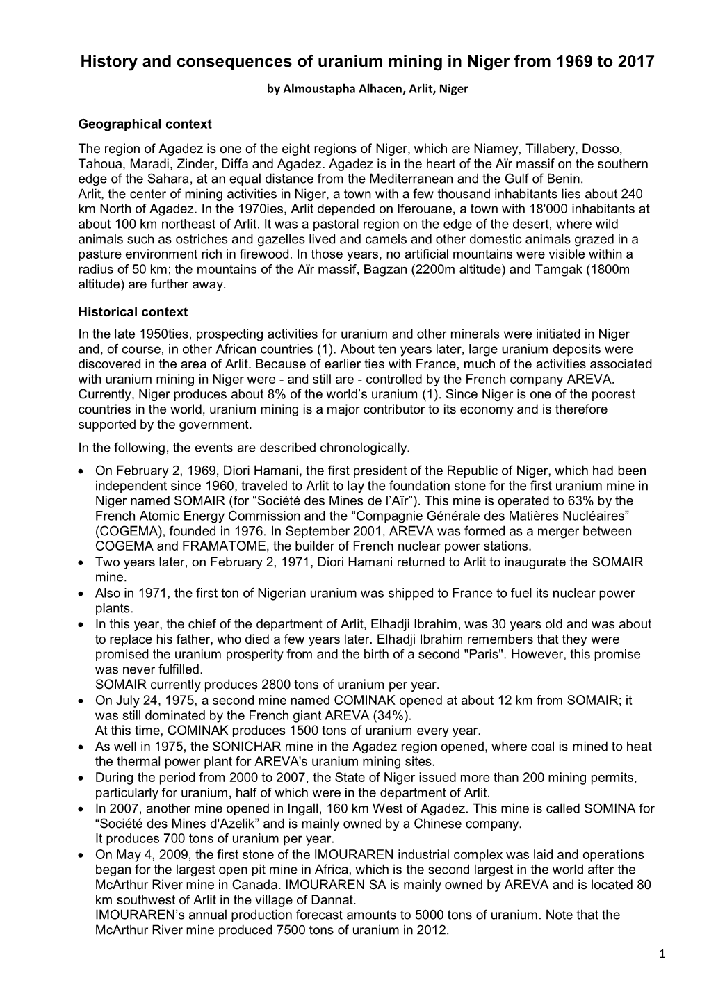 History and Consequences of Uranium Mining in Niger from 1969 to 2017 by Almoustapha Alhacen, Arlit, Niger