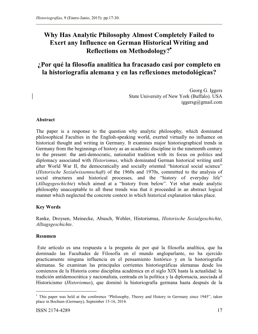 Why Has Analytical Philosophy Almost Completely Failed to Exert Any Influence on German Histoirical Writing and Reflections on M