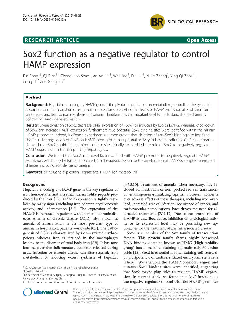 Sox2 Function As a Negative Regulator to Control HAMP Expression