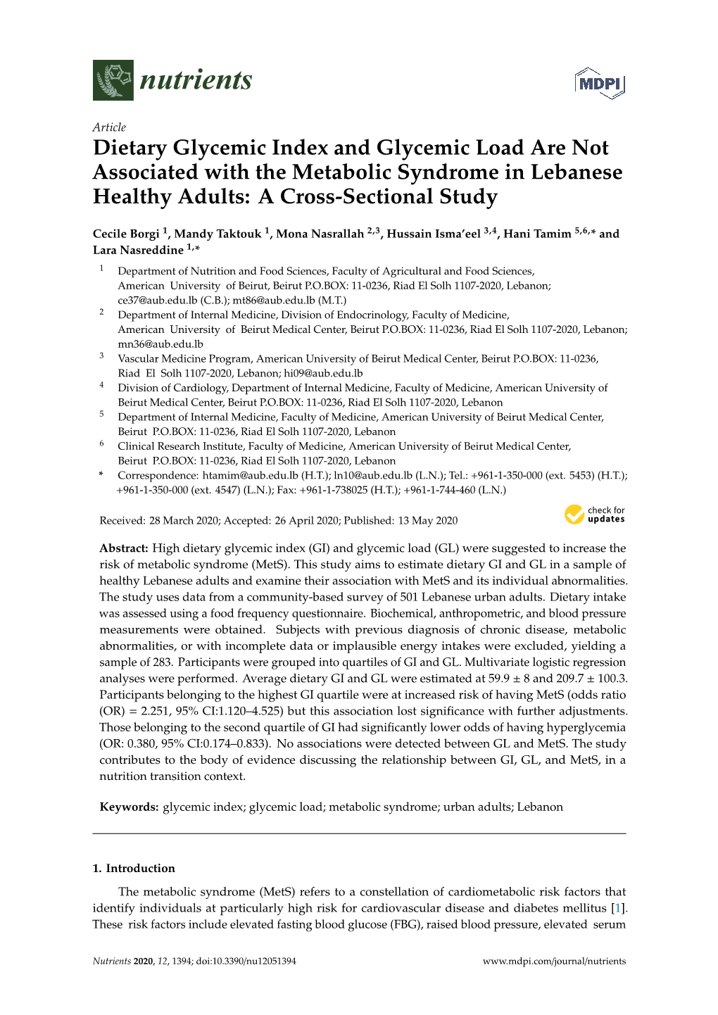 Dietary Glycemic Index and Glycemic Load Are Not Associated with the Metabolic Syndrome in Lebanese Healthy Adults: a Cross-Sectional Study