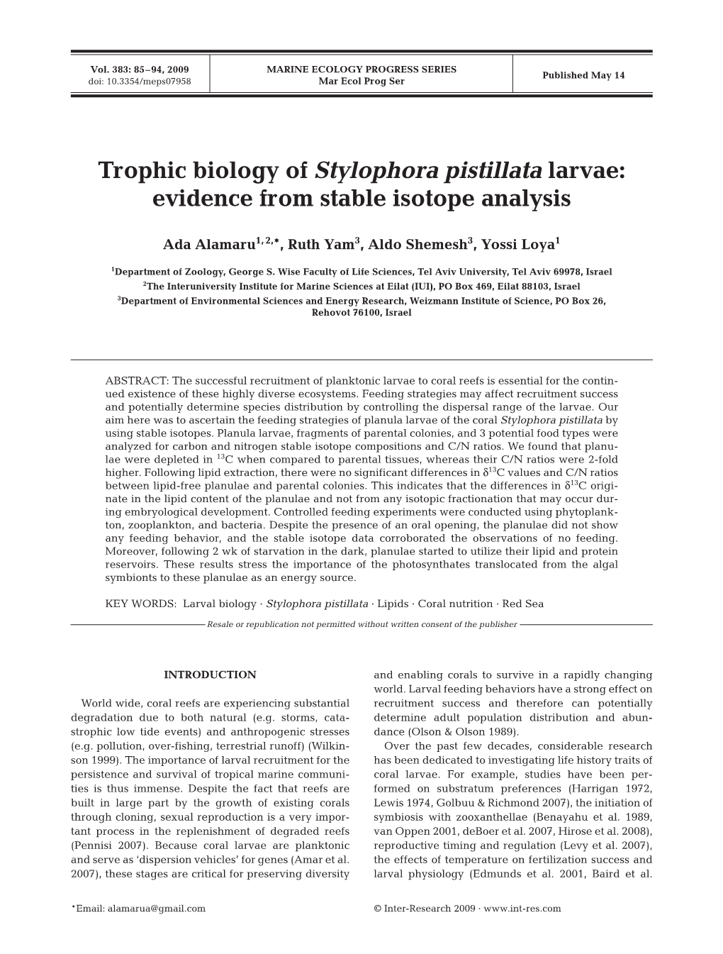 Trophic Biology of Stylophora Pistillata Larvae: Evidence from Stable Isotope Analysis
