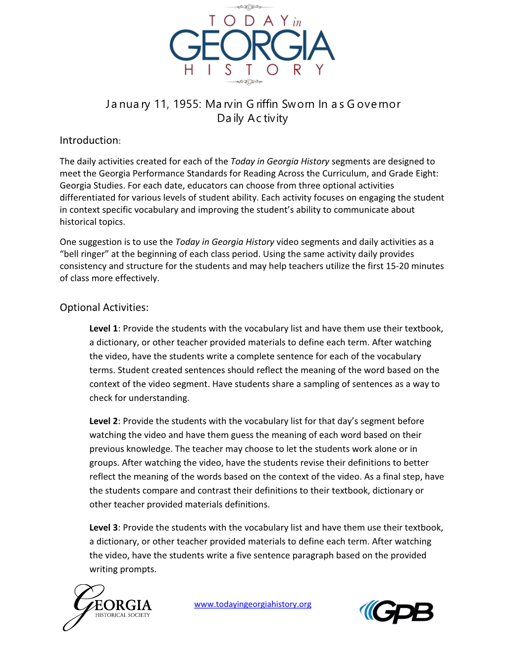 Introduction: Optional Activities: January 11, 1955: Marvin Griffin