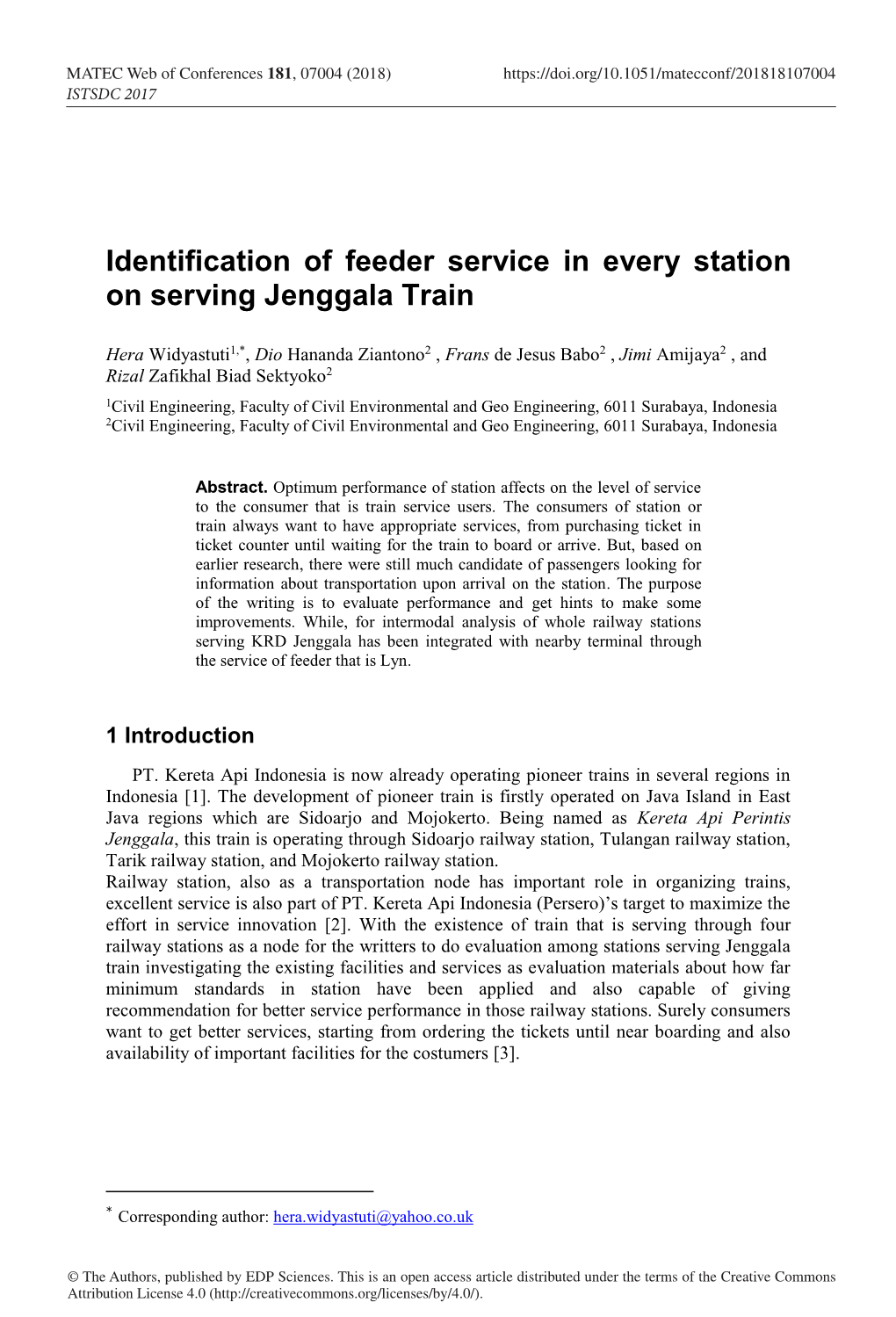 Identification of Feeder Service in Every Station on Serving Jenggala Train