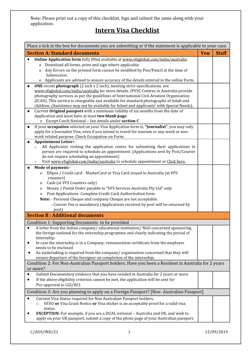 Intern Visa Checklist