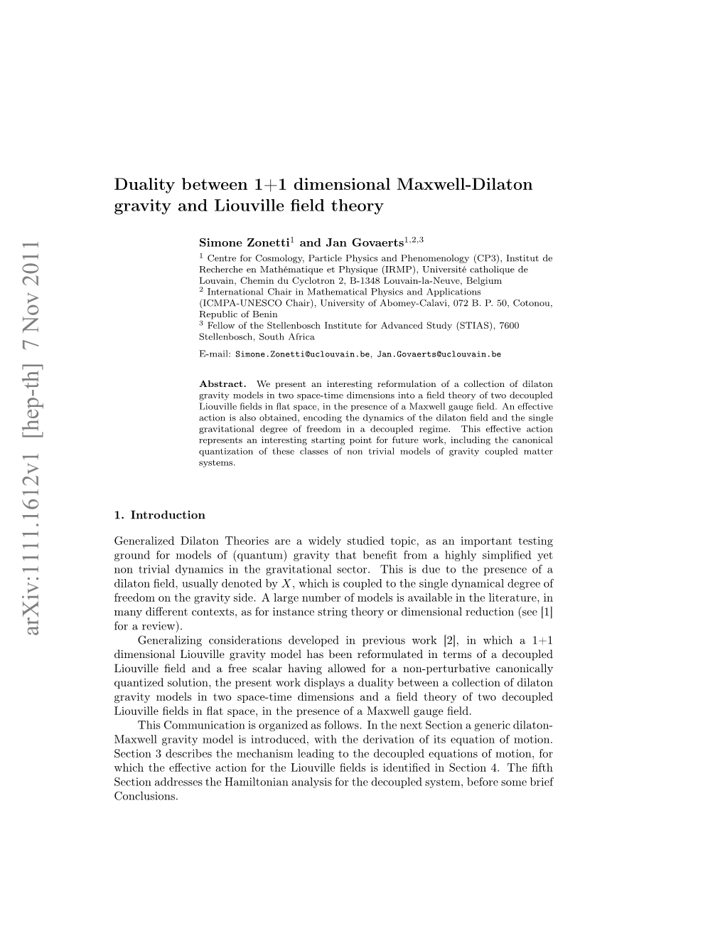 Arxiv:1111.1612V1 [Hep-Th] 7 Nov 2011 Hc H ﬀcieato O H Iuil Ed Sidentiﬁ Is Decoupl the ﬁelds for Conclusions