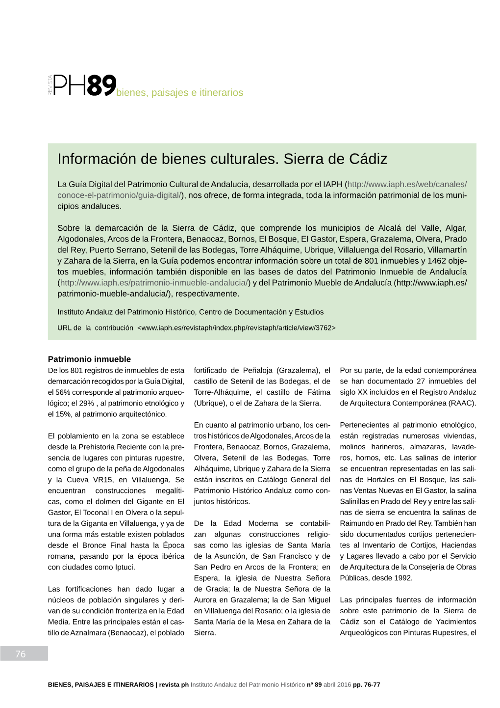 Información De Bienes Culturales. Sierra De Cádiz