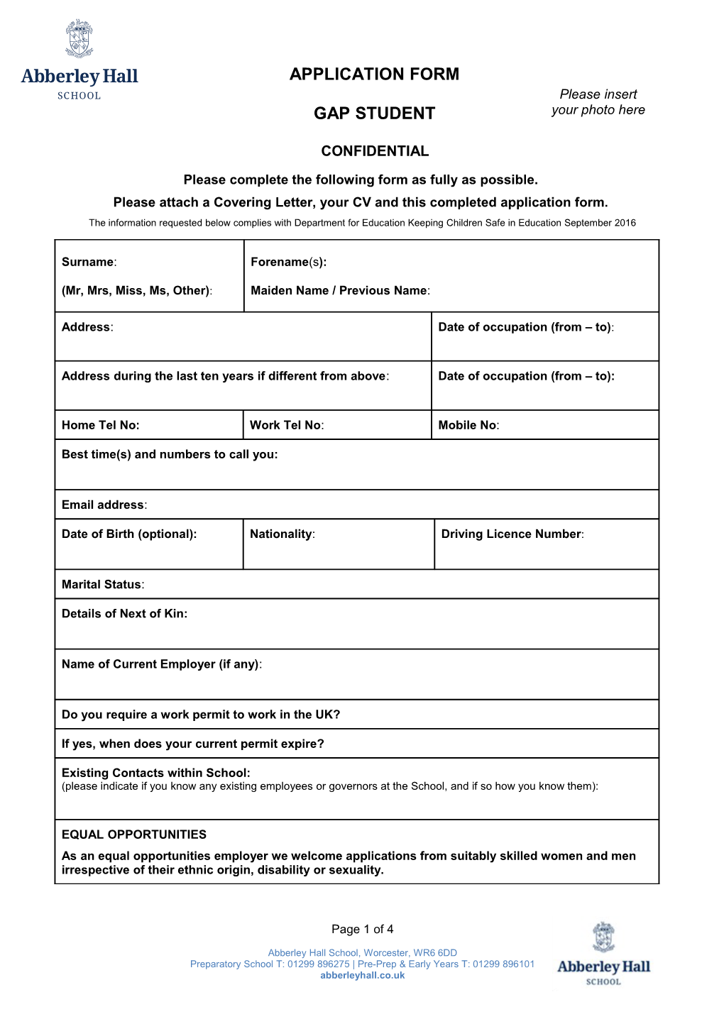 Application for Employment Teaching Staff