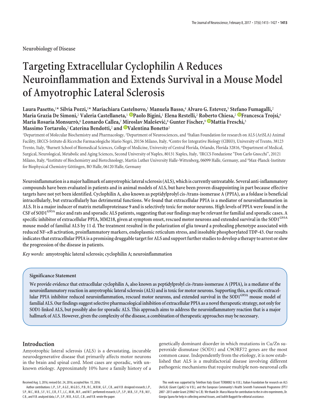 Targeting Extracellular Cyclophilin a Reduces Neuroinflammation and Extends Survival in a Mouse Model of Amyotrophic Lateral Sclerosis