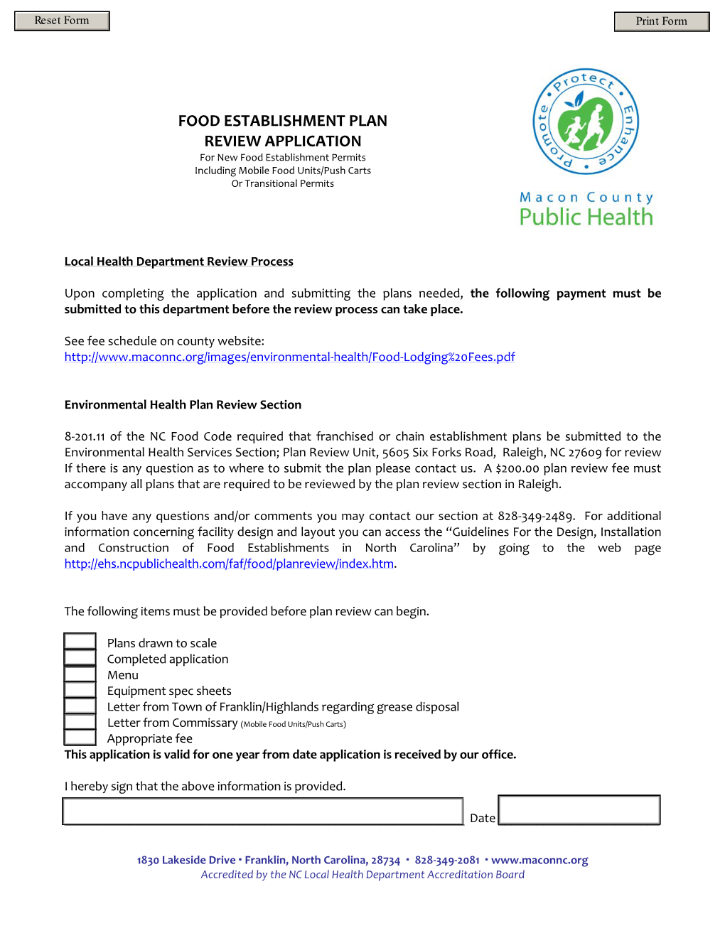 FOOD ESTABLISHMENT PLAN REVIEW APPLICATION for New Food Establishment Permits Including Mobile Food Units/Push Carts Or Transitional Permits