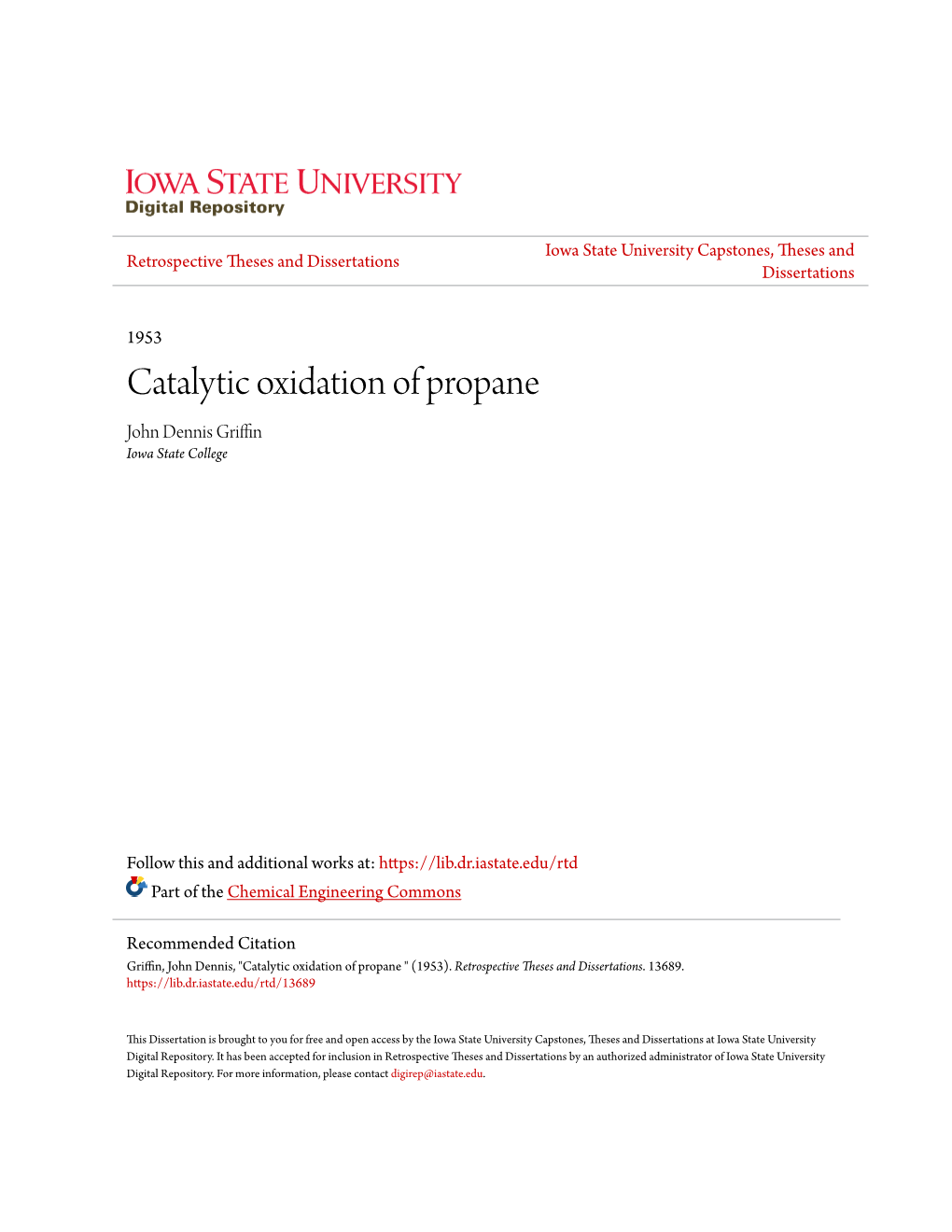 Catalytic Oxidation of Propane John Dennis Griffin Iowa State College