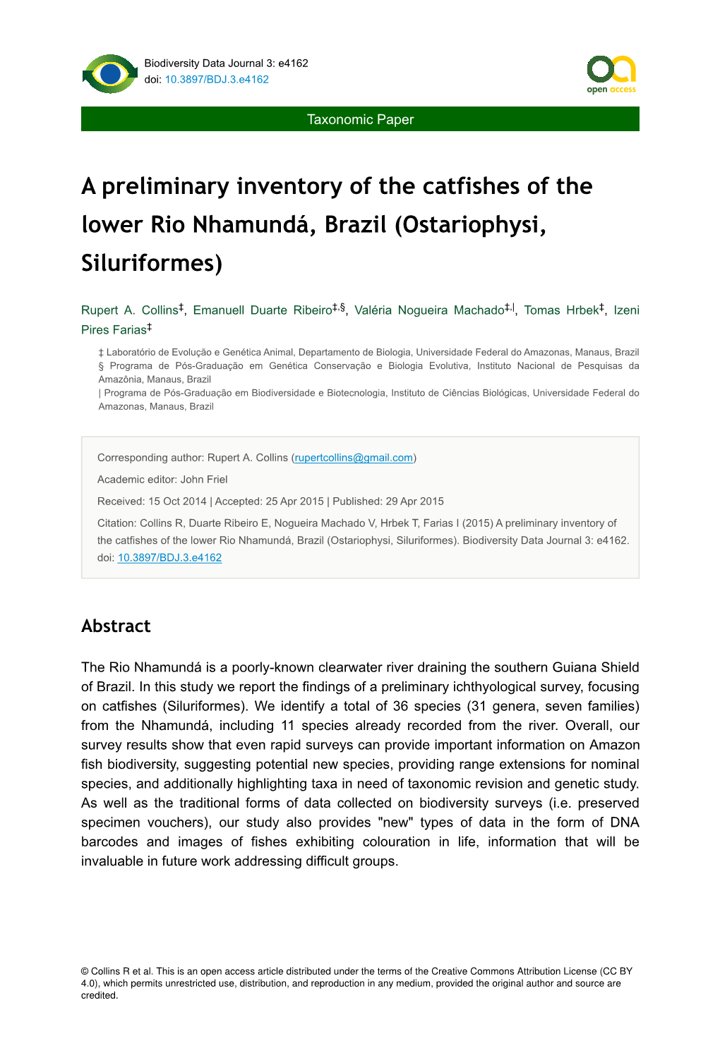 A Preliminary Inventory of the Catfishes of the Lower Rio Nhamundá, Brazil (Ostariophysi, Siluriformes)